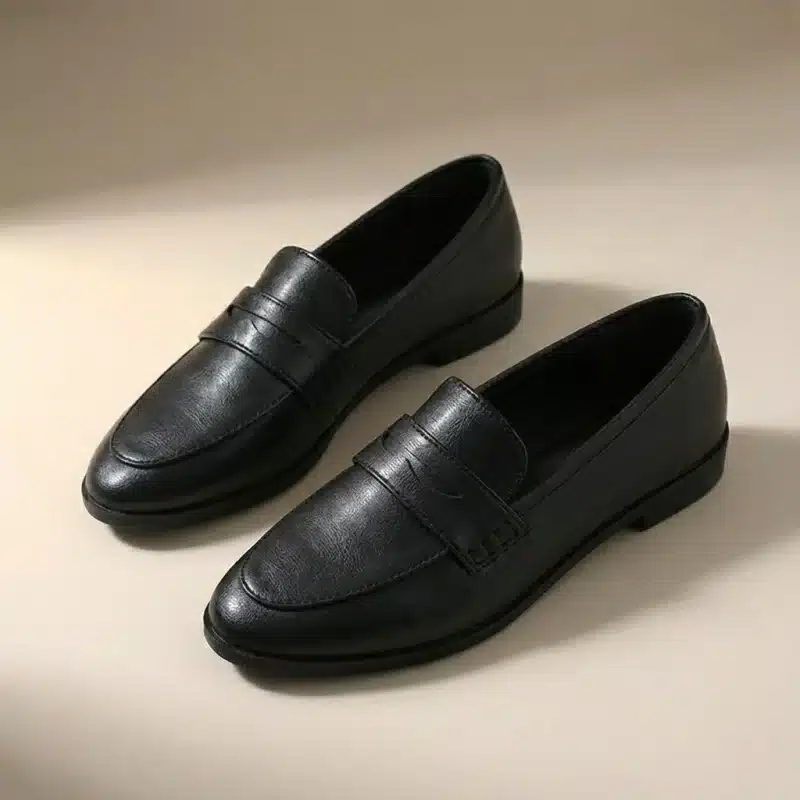 Mocassin femme noir classique style preppy, intérieur et semelle noirs, chaussure plate élégante