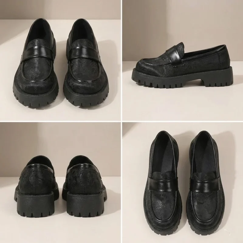 Infographie produit en quatre parties présentant des mocassins noirs à semelle épaisse. Le panneau supérieur gauche montre un homme les portant en marchant sur des pavés. Le panneau supérieur droit détaille les spécifications techniques comme le cuir motif fleur gaufré et la semelle crantée. Le panneau inférieur gauche illustre les avantages de confort et de design avec des icônes. Le panneau inférieur droit met en avant la chaussure dans un cadre doré comme 'L'Exception Florale'.