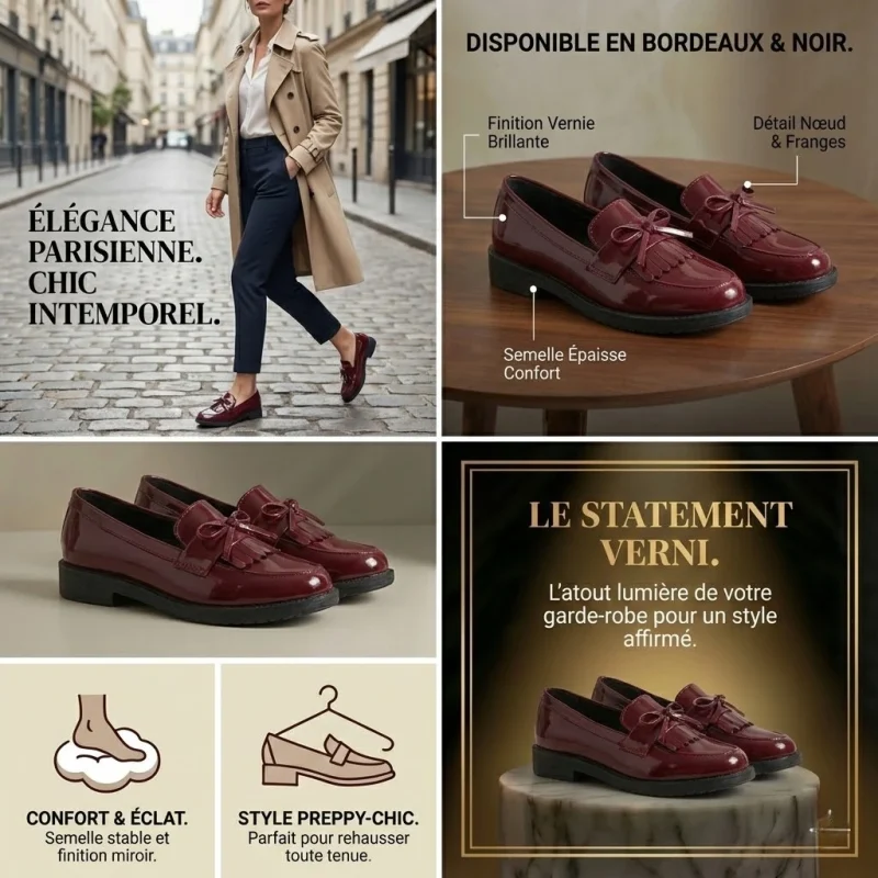 Une infographie en quatre panneaux présentant des mocassins vernis. Le panneau supérieur gauche montre une femme portant des mocassins bordeaux avec un trench-coat dans une rue parisienne, avec le texte "ÉLÉGANCE PARISIENNE. CHIC INTEMPOREL". Le panneau supérieur droit affiche les mocassins bordeaux sur une table en bois avec des légendes pointant la "Finition Vernie Brillante", le "Détail Nœud & Franges", et la "Semelle Épaisse Confort", ainsi que le texte "DISPONIBLE EN BORDEAUX & NOIR". Le panneau inférieur gauche contient deux icônes avec du texte : un pied sur un nuage pour "CONFORT & ÉCLAT" et un mocassin sur un cintre pour "STYLE PREPPY-CHIC". Le panneau inférieur droit met en valeur les mocassins bordeaux sur un piédestal en marbre avec le titre "LE STATEMENT VERNI" et un court texte descriptif.