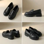 Collage de quatre photographies montrant les mocassins chunky noirs sous différents angles : vue de dessus, vue de profil, vue de trois-quarts arrière et vue de trois-quarts avant.