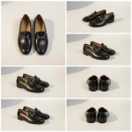 Mocassin Femme en Cuir – Style Britannique angles Collage de six photographies présentant les mocassins noirs en cuir sous des perspectives variées, incluant des vues de dessus, de côté et de l'arrière.