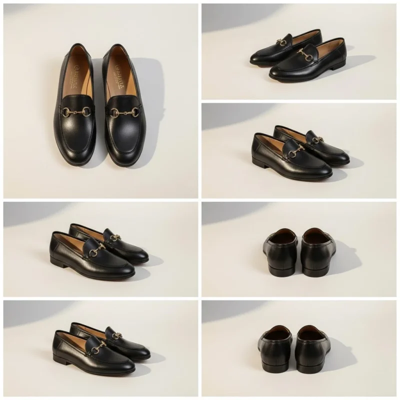 Collage de six photographies présentant les mocassins noirs en cuir sous des perspectives variées, incluant des vues de dessus, de côté et de l'arrière.