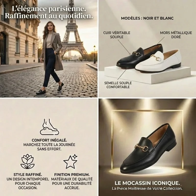 Collage marketing en quatre parties. En haut à gauche, une femme élégante marche près de la Tour Eiffel avec les mocassins noirs. Les autres panneaux présentent les spécifications des modèles noir et blanc, des icônes de bénéfices et le mocassin noir en vedette.