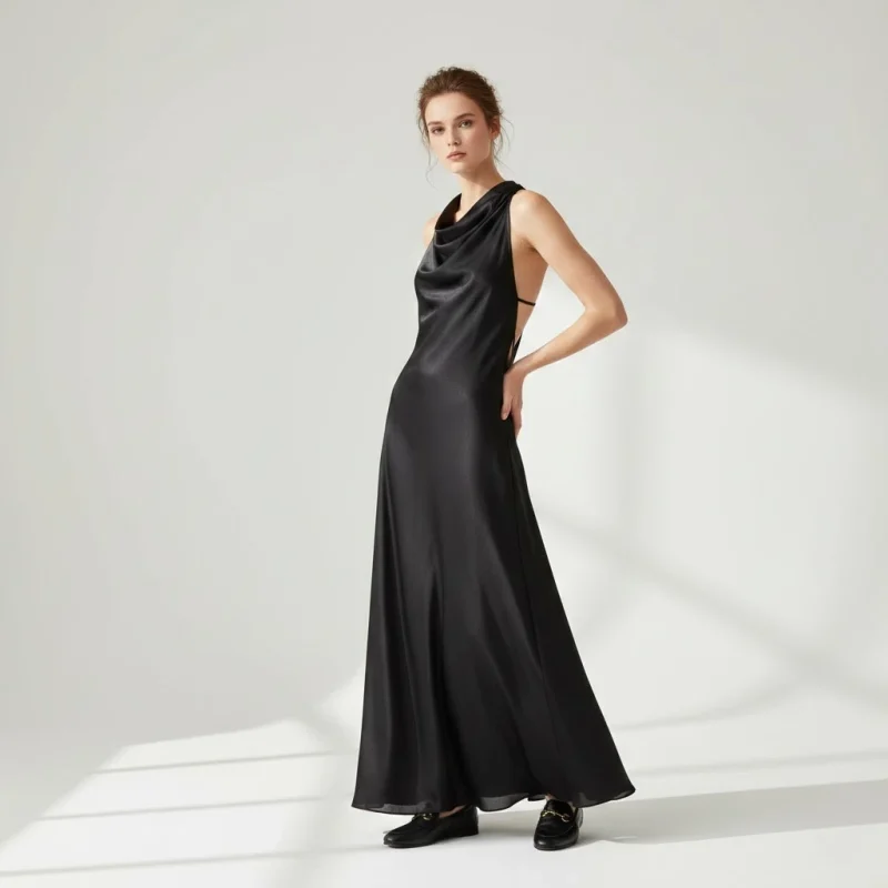 Photo e-commerce professionnelle d'une mannequin femme portant une longue robe noire satinée dos nu et les mocassins noirs, posant dans un studio.