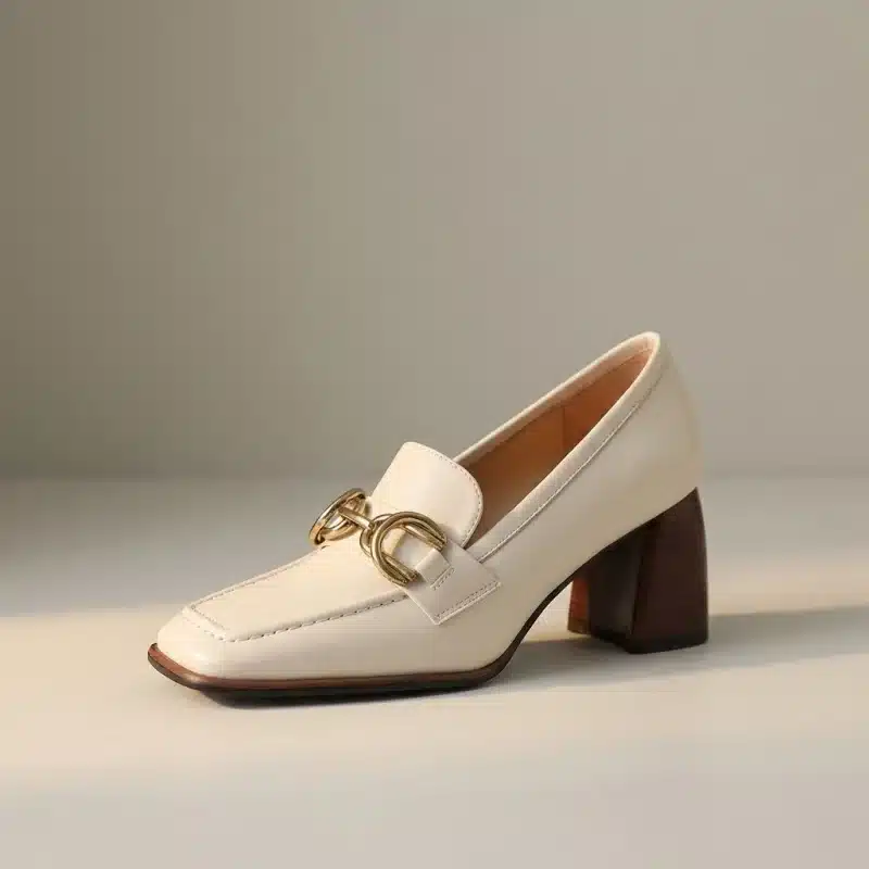 Photo studio d'un mocassin en cuir verni beige (écru/ivoire) avec un talon bloc texturé en bois foncé et une boucle dorée de style mors (horsebit) sur le devant, sur un fond uni.