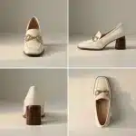 Une grille de quatre photos de produit nettes montrant le mocassin beige sous différents angles : vue de face, vue de profil latérale, vue de dos (arrière du talon) et vue de dessus, toutes sur un fond studio uni.