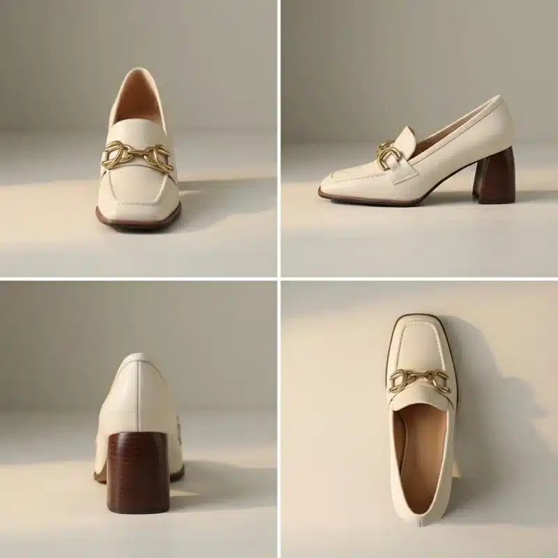 Une grille de quatre photos de produit nettes montrant le mocassin beige sous différents angles : vue de face, vue de profil latérale, vue de dos (arrière du talon) et vue de dessus, toutes sur un fond studio uni.