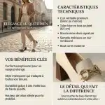 nfographie marketing en quatre panneaux sur le mocassin beige. En haut à gauche : photo lifestyle d'une femme portant les chaussures à Paris. En haut à droite : "CARACTÉRISTIQUES TECHNIQUES" (Cuir, Talon bloc bois, Boucle mors doré, Semelle rembourrée, Bout carré). En bas à gauche : "VOS BÉNÉFICES CLÉS" (Confort, Style intemporel, Durabilité, Hauteur de talon). En bas à droite : plan rapproché de la boucle avec le texte "LE DÉTAIL QUI FAIT LA DIFFÉRENCE".