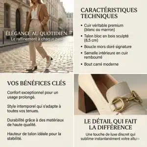 nfographie marketing en quatre panneaux sur le mocassin beige. En haut à gauche : photo lifestyle d'une femme portant les chaussures à Paris. En haut à droite : "CARACTÉRISTIQUES TECHNIQUES" (Cuir, Talon bloc bois, Boucle mors doré, Semelle rembourrée, Bout carré). En bas à gauche : "VOS BÉNÉFICES CLÉS" (Confort, Style intemporel, Durabilité, Hauteur de talon). En bas à droite : plan rapproché de la boucle avec le texte "LE DÉTAIL QUI FAIT LA DIFFÉRENCE".