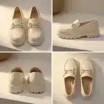 Vue détaillée sous quatre angles des mocassins plateforme beige crème. Le collage montre la vue de dessus de la paire, la vue de face, le profil latéral avec la boucle dorée, et l'arrière du talon avec la semelle épaisse.