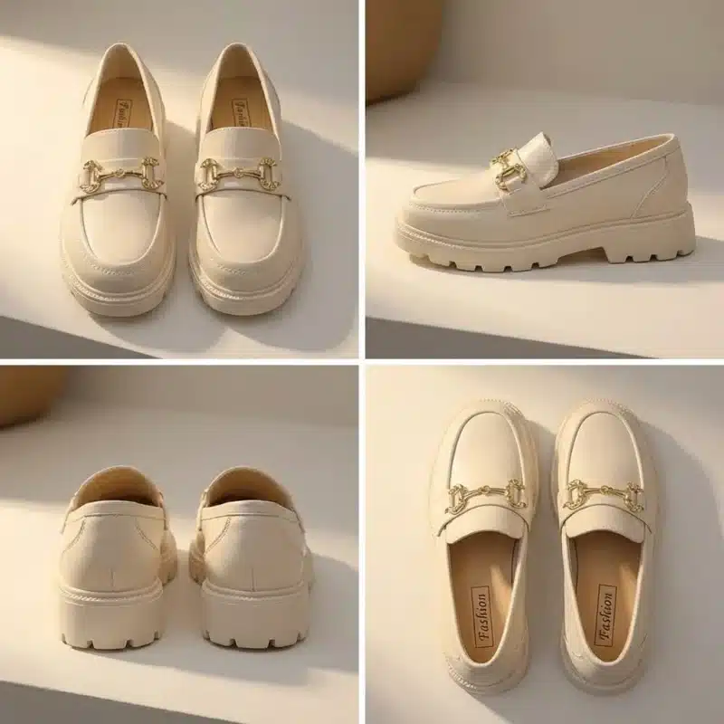 Vue détaillée sous quatre angles des mocassins plateforme beige crème. Le collage montre la vue de dessus de la paire, la vue de face, le profil latéral avec la boucle dorée, et l'arrière du talon avec la semelle épaisse.