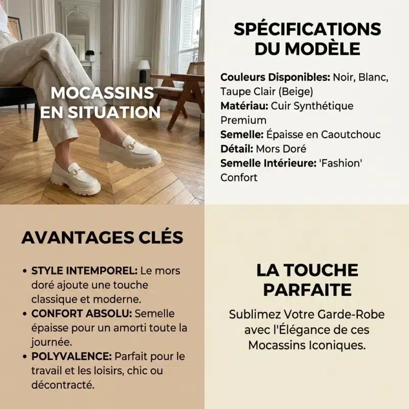 Infographie détaillée des mocassins chunky. Comprend une photo portée lifestyle, les spécifications du modèle (couleurs noir/blanc/taupe, matériau cuir synthétique), et les avantages clés (style intemporel, confort absolu, polyvalence).