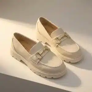 Mocassins femme chunky blanc en simili cuir. Vue studio sur fond neutre, montrant le détail du mors doré sur le dessus et la semelle épaisse crantée.