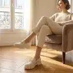 Photo lifestyle élégante d'une femme assise dans un appartement parisien lumineux, portant les mocassins chunky beige crème avec mors doré. Mise en situation chic et confortable.