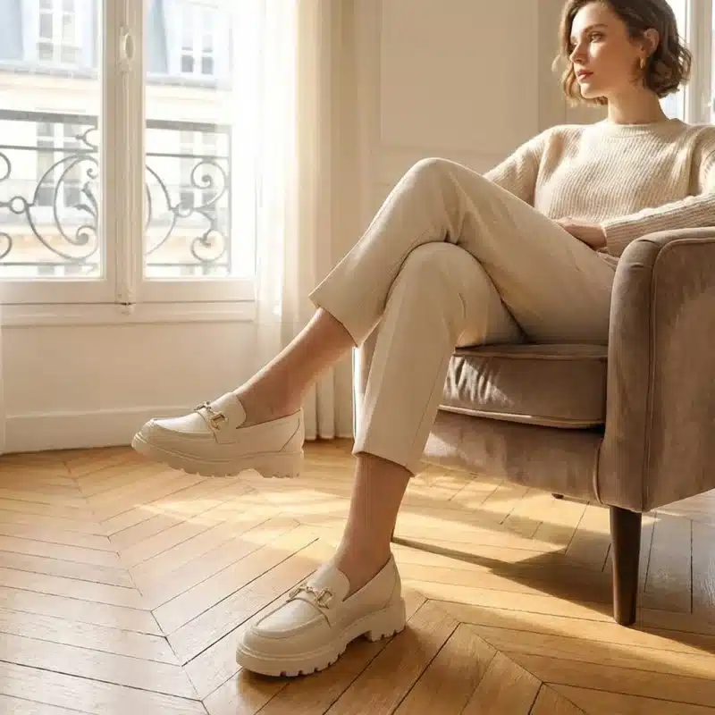 Photo lifestyle élégante d'une femme assise dans un appartement parisien lumineux, portant les mocassins chunky beige crème avec mors doré. Mise en situation chic et confortable.