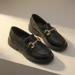 Mocassins noirs classiques revisités avec une semelle chunky épaisse. Finition simili cuir lisse et mors métallique doré contrastant sur le dessus du pied.