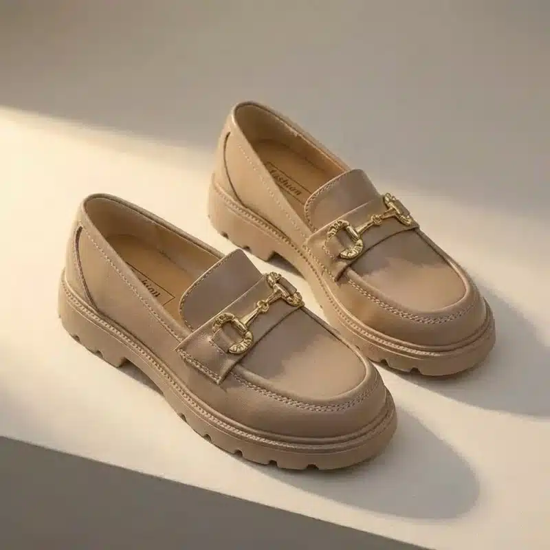 Paire de mocassins à plateforme couleur taupe clair. Chaussures de ville tendance avec boucle décorative dorée et grosse semelle crantée assortie.