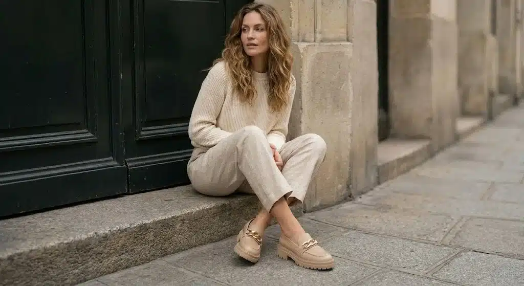 femme portant des mocassins femme tendance 2026 en cuir nappa beige