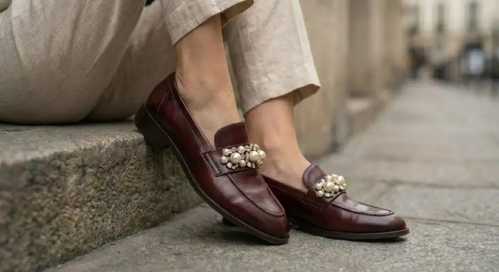 mocassin bijou bordeaux avec perles pour soirée