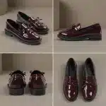 Une composition de quatre vues de produit d'une paire de mocassins vernis bordeaux profond pour femme. Haut gauche : vue de face. Haut droite : profil latéral simple. Bas gauche : vue de talon. Bas droite : vue de dessus à plat. Le fond est un studio minimaliste.