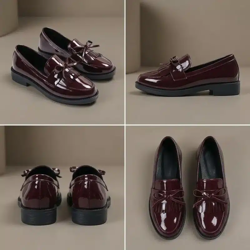 Une composition de quatre vues de produit d'une paire de mocassins vernis bordeaux profond pour femme. Haut gauche : vue de face. Haut droite : profil latéral simple. Bas gauche : vue de talon. Bas droite : vue de dessus à plat. Le fond est un studio minimaliste.