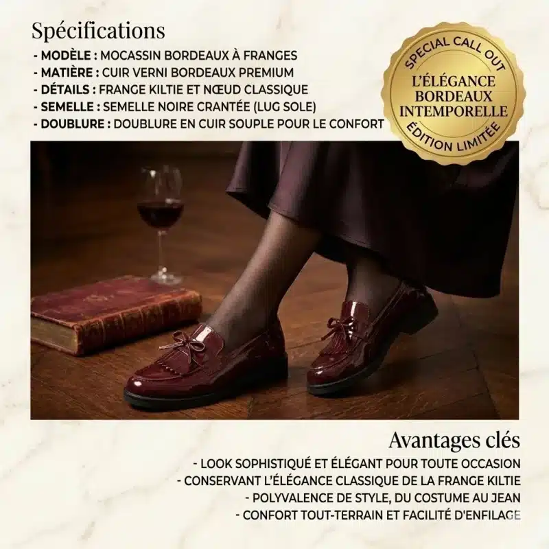 Une image marketing composite en français présentant les mocassins vernis bordeaux profond d'origine. L'image centrale montre les chaussures sur un sol de terrasse de café patterned, à côté d'une table bistrot avec un café et un journal. Du texte détaille les "CARACTÉRISTIQUES DÉTAILLÉES", les "AVANTAGES CLÉS POUR VOUS", et un badge "SPECIAL CALL OUT ÉDITION LIMITÉE".
