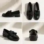 Une grille de quatre images montrant une paire de mocassins vernis noirs avec des nœuds, sous différents angles. En haut à gauche, une vue de profil simple. En haut à droite, une vue de dessus de la paire. En bas à gauche, une vue de trois-quarts de face. En bas à droite, une vue de dos du talon épais. Toutes les images sont prises dans un studio avec un éclairage doux et des ombres d'objets en arrière-plan.