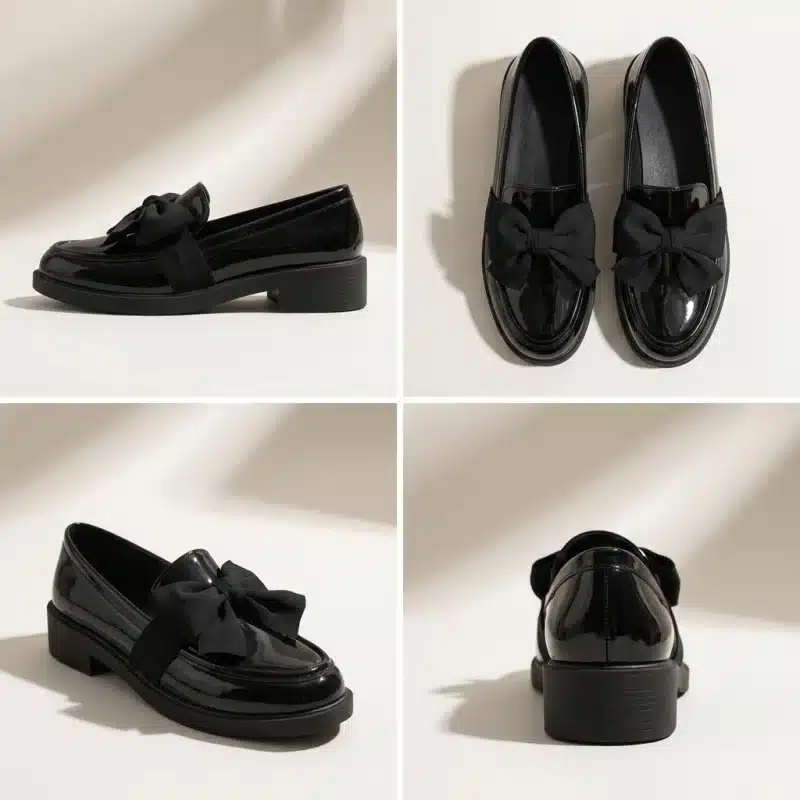 Une grille de quatre images montrant une paire de mocassins vernis noirs avec des nœuds, sous différents angles. En haut à gauche, une vue de profil simple. En haut à droite, une vue de dessus de la paire. En bas à gauche, une vue de trois-quarts de face. En bas à droite, une vue de dos du talon épais. Toutes les images sont prises dans un studio avec un éclairage doux et des ombres d'objets en arrière-plan.