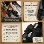 infographie de 4 images pour le produit mocassin femme noire laquée. Première image représentant le produit en action, la seconde les caractéristiques, la troisième les bénéfices du produits et la dernière la présentation du produit.