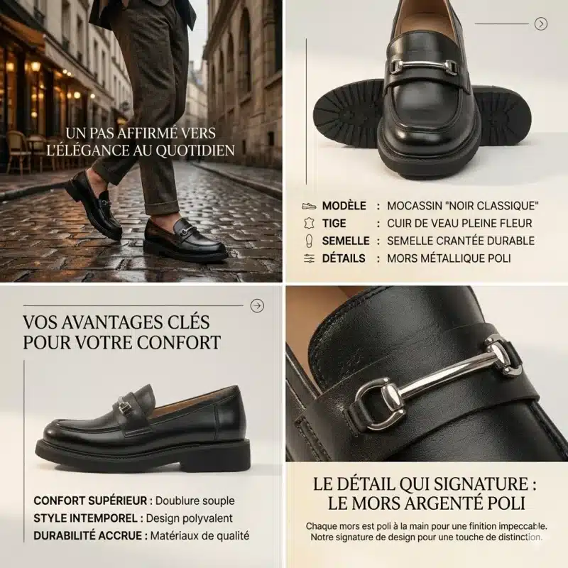 Une page de présentation de produit éditoriale chic pour des mocassins noirs, avec des photos de style de vie, des spécifications techniques et des détails de design en français.