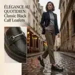 Image de couverture d'e-commerce montrant une femme élégante marchant dans une rue parisienne, portant des mocassins en cuir noir, avec un encart technique montrant la boucle argentée.