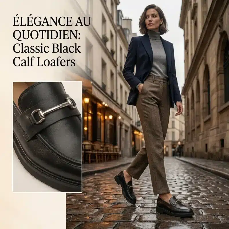 Image de couverture d'e-commerce montrant une femme élégante marchant dans une rue parisienne, portant des mocassins en cuir noir, avec un encart technique montrant la boucle argentée.