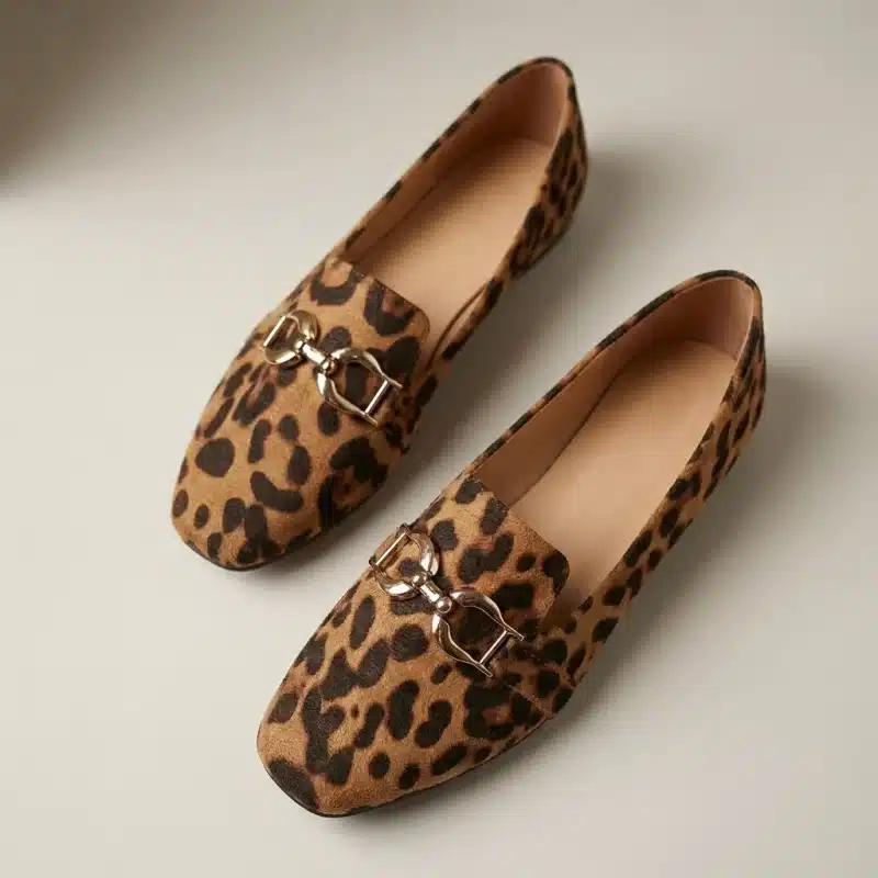 Photographie de produit de haute qualité, vue de dessus, d'une paire de mocassins à motif léopard texturé et boucles mors de cheval dorées sur un fond de studio gris-blanc chaud uni, avec un éclairage doux et directionnel du coin supérieur gauche et une profondeur de champ faible.