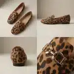 Une grille de quatre photographies de produit distinctes présentant les mocassins léopard : vue de dessus de la paire, vue latérale de profil, vue de l'arrière du talon et plan rapproché détaillé du mors de cheval doré et de la texture.