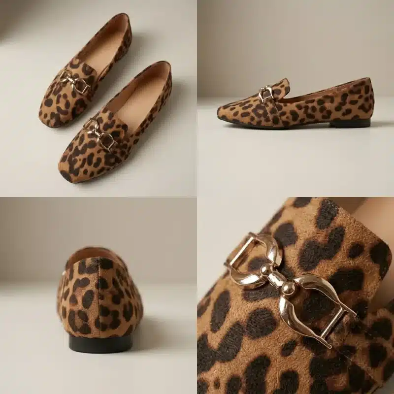 Une grille de quatre photographies de produit distinctes présentant les mocassins léopard : vue de dessus de la paire, vue latérale de profil, vue de l'arrière du talon et plan rapproché détaillé du mors de cheval doré et de la texture.