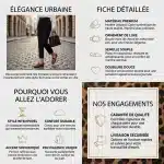Infographie marketing de produit mise à jour, présentée en grille 2x2 : mode de vie urbain, spécifications techniques, avantages clés, et une nouvelle section 'NOS ENGAGEMENTS' détaillant la garantie de qualité et la livraison sécurisée.
