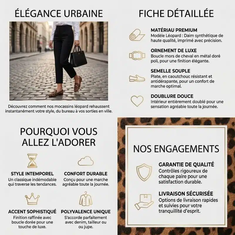 Infographie marketing de produit mise à jour, présentée en grille 2x2 : mode de vie urbain, spécifications techniques, avantages clés, et une nouvelle section 'NOS ENGAGEMENTS' détaillant la garantie de qualité et la livraison sécurisée.