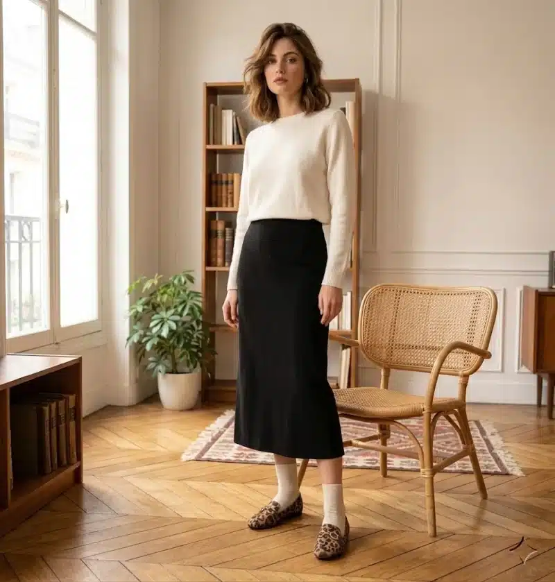 Photographie de mode en pied d'une mannequin européenne debout dans un appartement parisien élégant, portant un pull ivoire, une jupe noire, des chaussettes crème et les mocassins léopard avec boucles dorées.