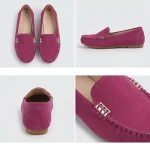 Mocassin-rose-plat-en-daim-imageangle Vue multi-angles de mocassins roses en daim : profil, vue arrière du talon, vue de dessus et gros plan sur les coutures artisanales