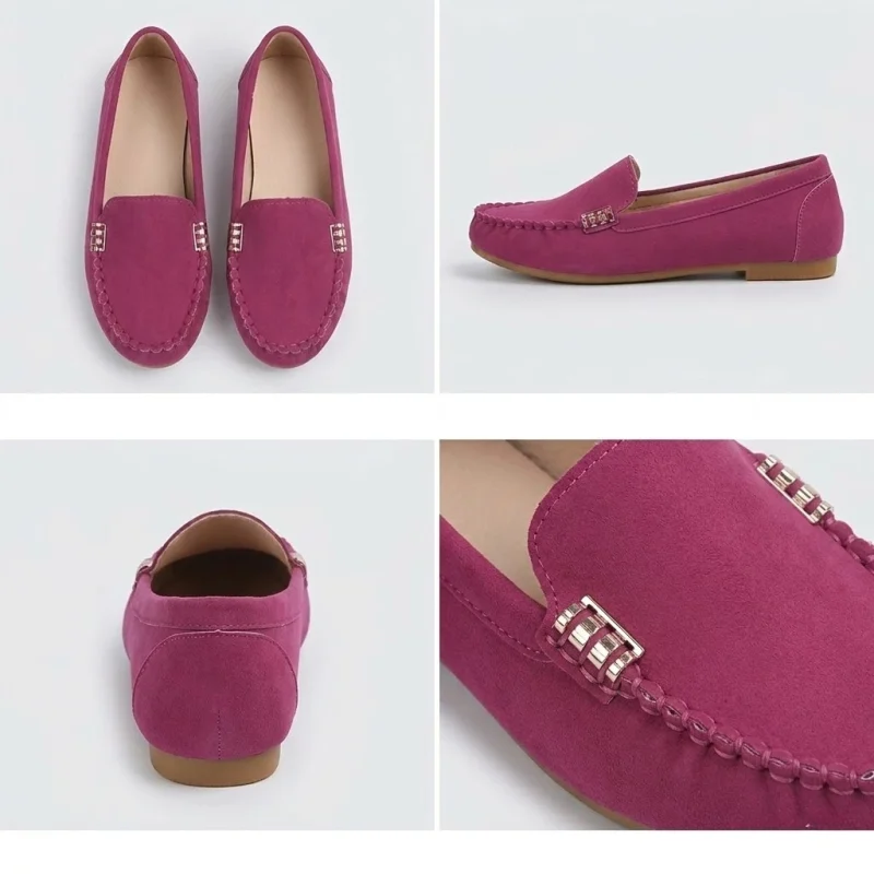 Vue multi-angles de mocassins roses en daim : profil, vue arrière du talon, vue de dessus et gros plan sur les coutures artisanales