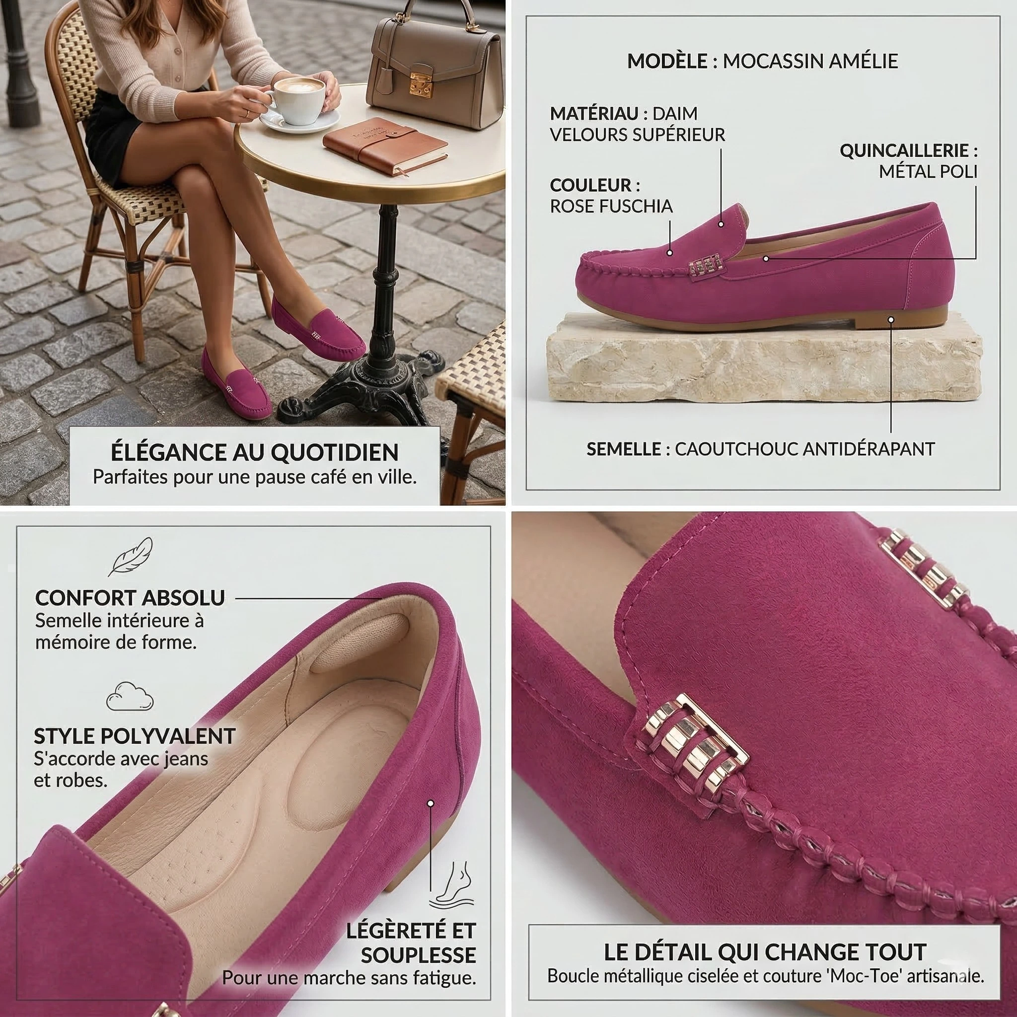 Infographie produit des mocassins Amélie en daim fuchsia soulignant la semelle intérieure à mémoire de forme, la légèreté et la boucle métallique ciselée.