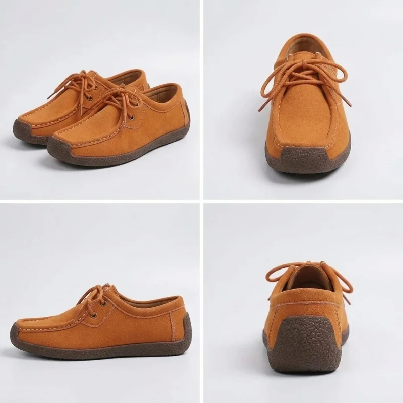 Grille de quatre photos de produits montrant une paire de mocassins en daim orange sous différents angles (vue avant, profil, arrière). Fond de studio blanc et gris mat.