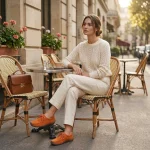 Portrait de style de vie de haute qualité d'une femme élégante assise à une terrasse de café parisien ensoleillée. Elle porte un pull en tricot torsadé écru, un pantalon large crème et des mocassins en daim orange vif. Un sac à main en cuir marron est posé sur une chaise bistrot à côté. Arrière-plan de bâtiments haussmanniens et de géraniums.