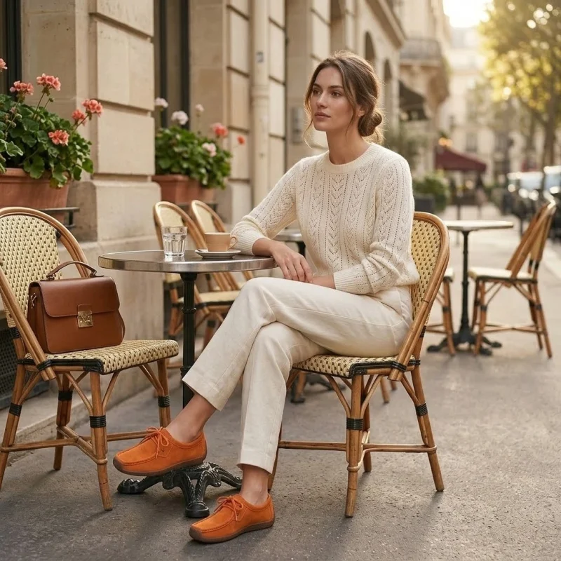 Portrait de style de vie de haute qualité d'une femme élégante assise à une terrasse de café parisien ensoleillée. Elle porte un pull en tricot torsadé écru, un pantalon large crème et des mocassins en daim orange vif. Un sac à main en cuir marron est posé sur une chaise bistrot à côté. Arrière-plan de bâtiments haussmanniens et de géraniums.