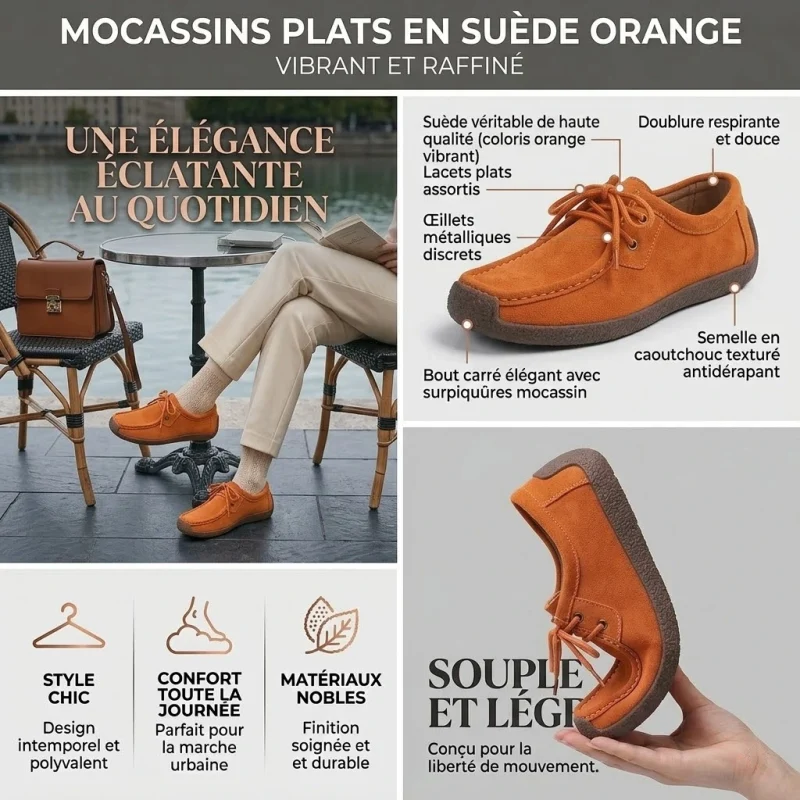 Infographie marketing détaillée en français sur les 'MOCASSINS PLATS EN SUÈDE ORANGE'. Comprend une photo de style de vie d'une femme à un café parisien, un diagramme technique annoté de la chaussure, une liste d'avantages avec des icônes (Style Chic, Confort, Matériaux nobles) et une démonstration de flexibilité. Texte intégral en français.