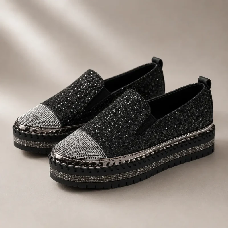 Mocassin femme loafer noir à strass et semelle épaisse, vue de face sur fond studio