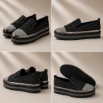 Mocassin femme à strass et semelle épaisse vu sous plusieurs angles, détail du dessus et de la semelle