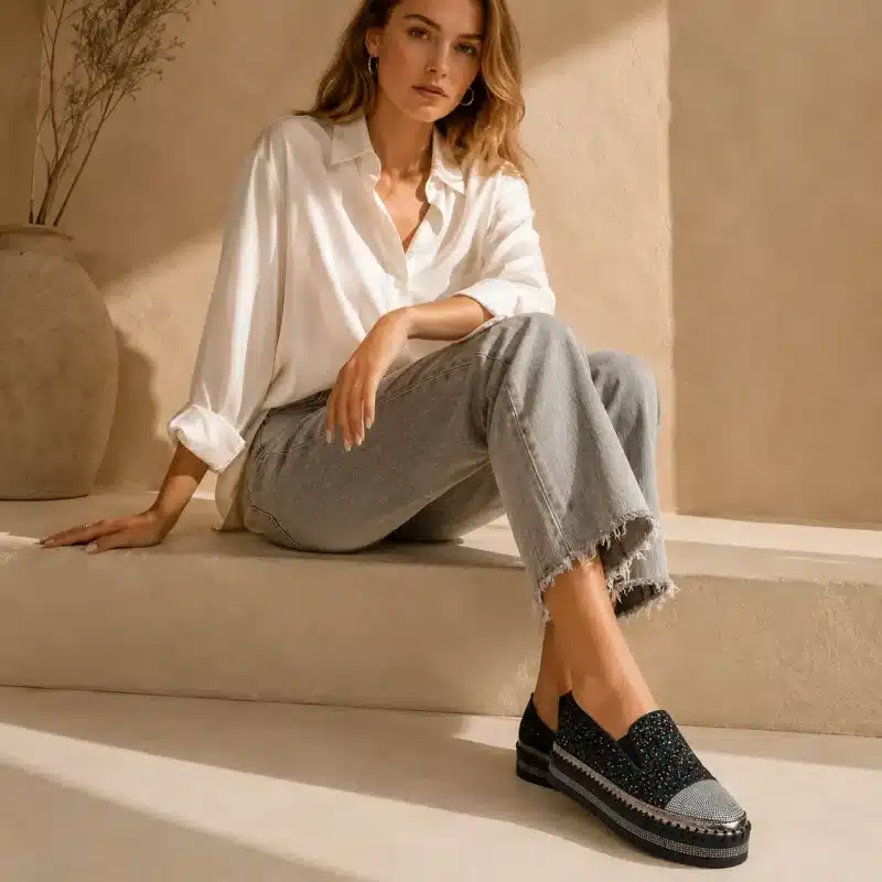 Femme portant un mocassin noir à strass et semelle épaisse avec une tenue élégante