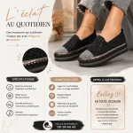 Infographie des caractéristiques du mocassin femme noir à strass et semelle épaisse en caoutchouc