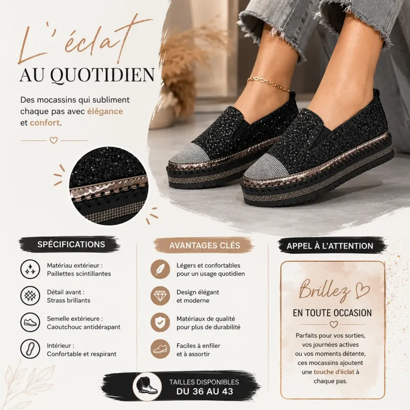 Infographie des caractéristiques du mocassin femme noir à strass et semelle épaisse en caoutchouc